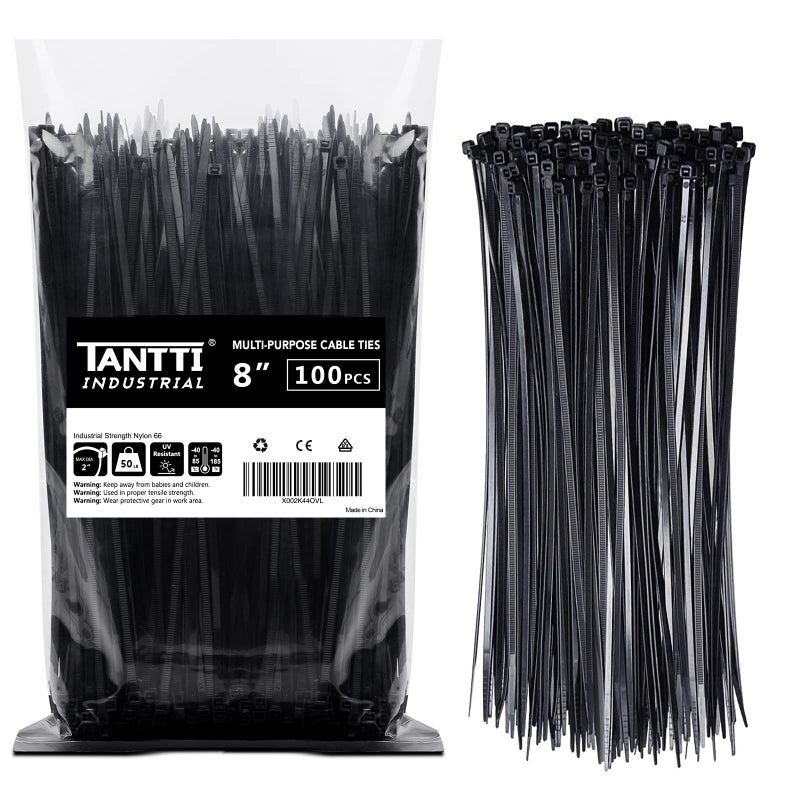 TANTTI Zip Ties 8 inch Black Zip Ties with 50 Pounds Tensile Strength,Cable Ties,100 Pack, by Tantti Supply - Image 1